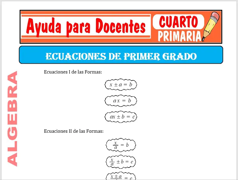 Modelo de la Ficha de Ecuaciones de Primer Grado para Cuarto de Primaria Modelo de la Ficha de Ecuaciones de Primer Grado para Cuarto de Primaria