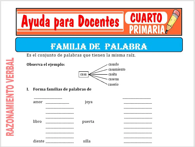 Modelo de la Ficha de Familia de Palabras para Cuarto de Primaria