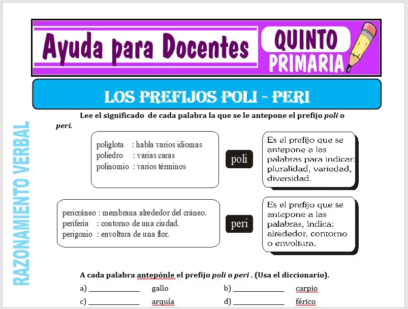 Modelo de la Ficha de Ejemplos de Prefijos de “POLI” y “PERI” para Quinto de Primaria