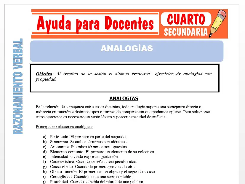 Modelo de la Ficha de Ejercicios de Analogías para Cuarto de Secundaria Modelo de la Ficha de Ejercicios de Analogías para Cuarto de Secundaria