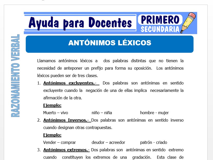 Modelo de la Ficha de Ejercicios de Antónimos Léxicos para Primero de Secundaria Modelo de la Ficha de Ejercicios de Antónimos Léxicos para Primero de Secundaria