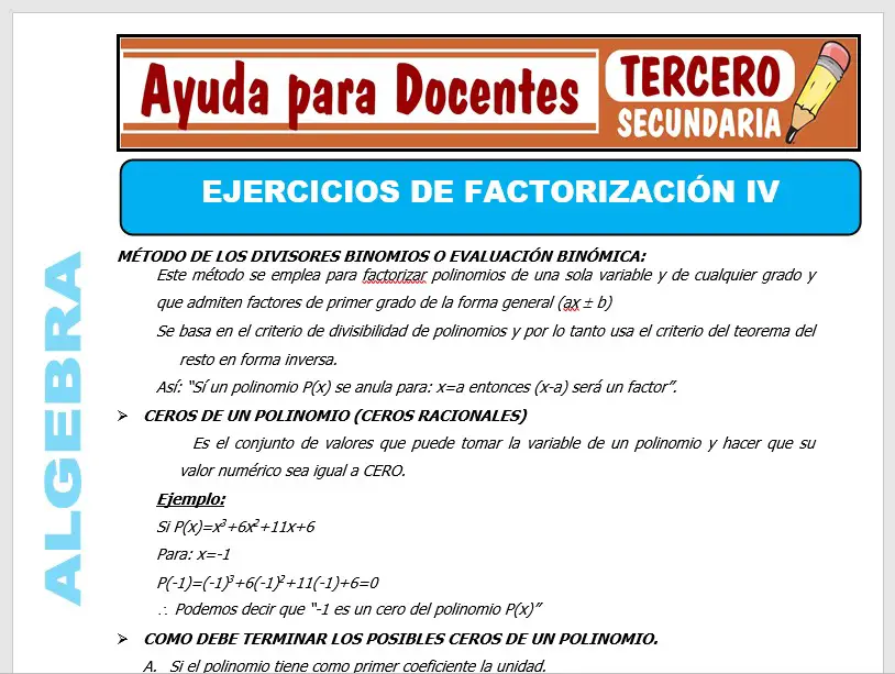 Modelo de la Ficha de Ejercicios de Factorización IV para Tercero de Secundaria