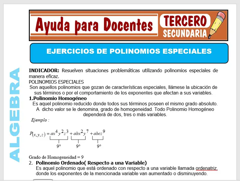 Modelo de la Ficha de Ejercicios de Polinomios Especiales para Tercero de Secundaria