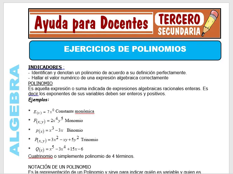 Modelo de la Ficha de Ejercicios de Polinomios para Tercero de Secundaria