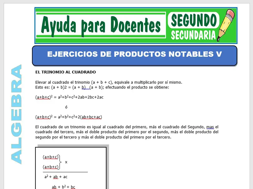 Modelo de la Ficha de Ejercicios de Productos Notables V para Segundo de Secundaria
