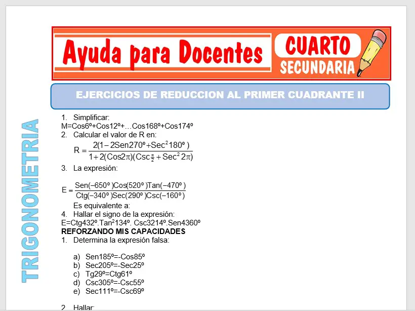 Modelo de la Ficha de Ejercicios de Reducción al Primer Cuadrante para Cuarto de Secundaria