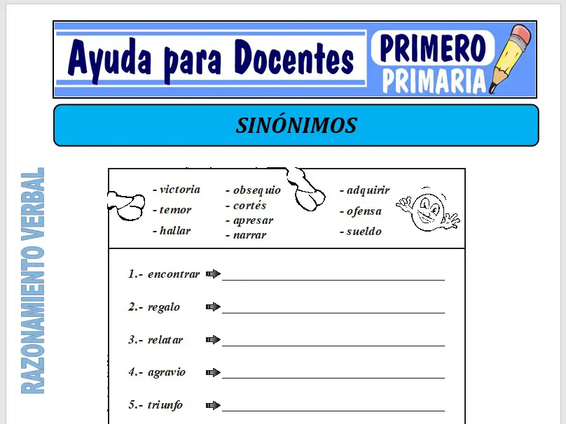 Modelo de la Ficha de Ejercicios de Sinónimos para Primero de Primaria Modelo de la Ficha de Ejercicios de Sinónimos para Primero de Primaria