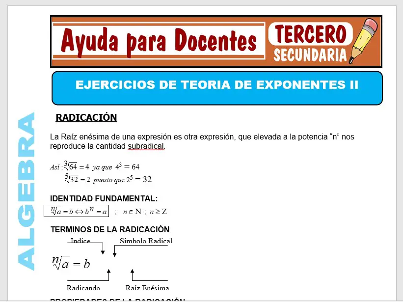 Modelo de la Ficha de Ejercicio de Teoría de Exponentes II para Tercero de Secundaria