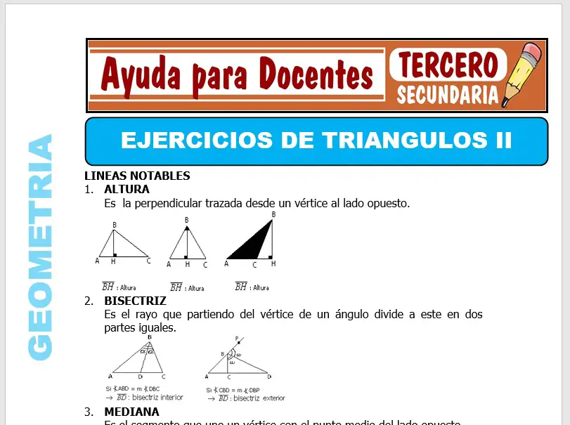 Modelo de la Ficha de Ejercicios de Triángulos II para Tercero de Secundaria