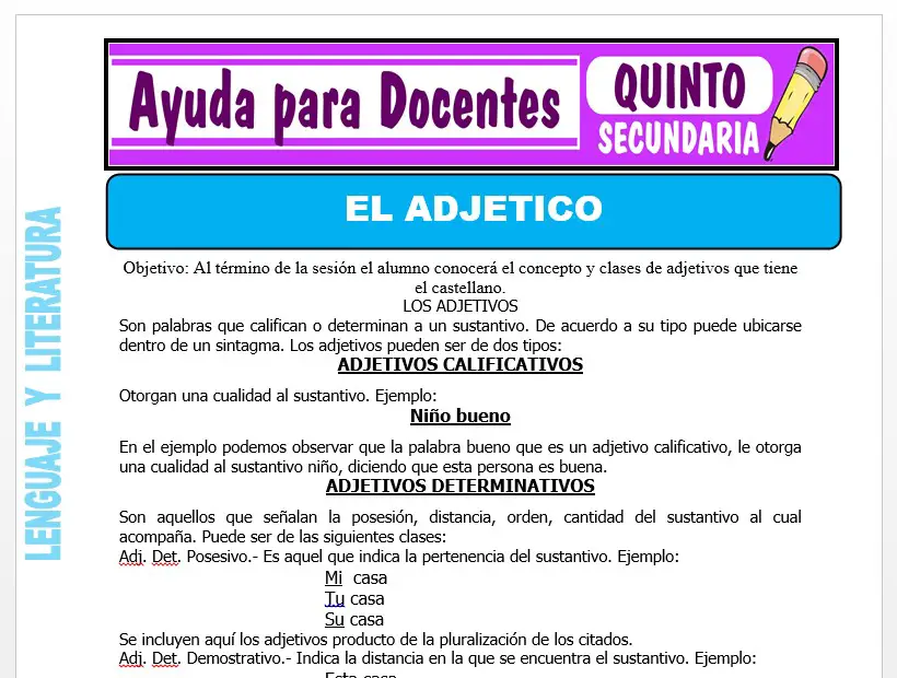 Modelo de la Ficha de El Adjetivo para Quinto de Secundaria