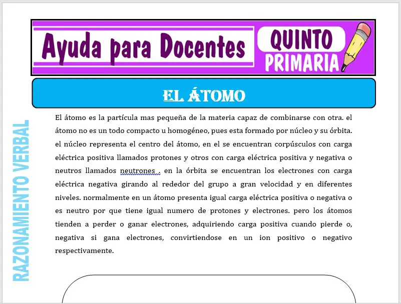 Modelo de la Ficha de El átomo para Quinto de Primaria Modelo de la Ficha de El átomo para Quinto de Primaria