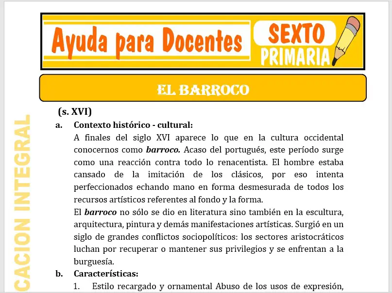 Modelo de la Ficha de El Barroco para Sexto de Primaria Modelo de la Ficha de El Barroco para Sexto de Primaria
