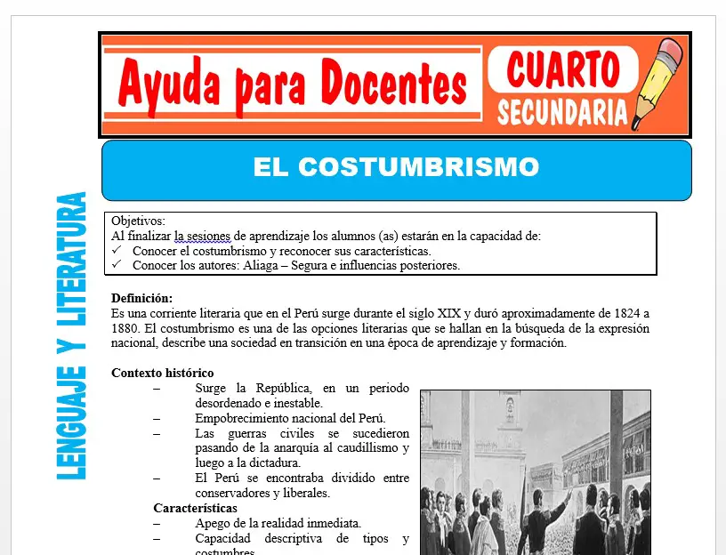 Modelo de la Ficha de El Costumbrismo para Cuarto de Secundaria