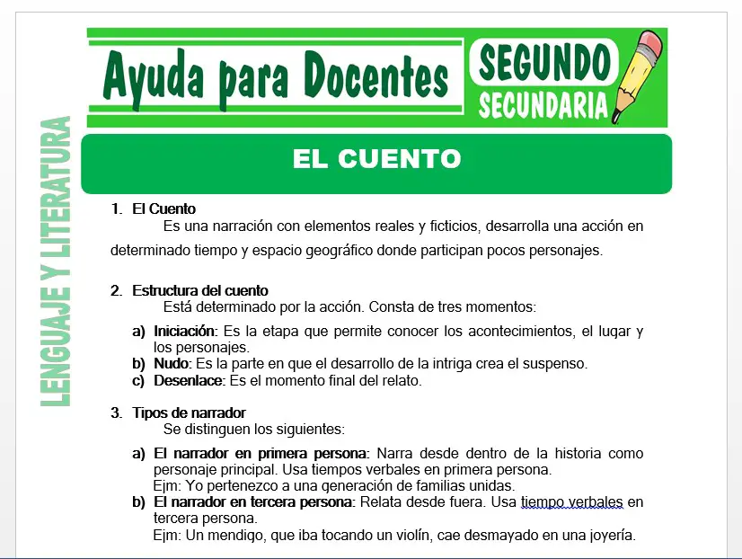 Modelo de la Ficha de El Cuento para Segundo de Secundaria