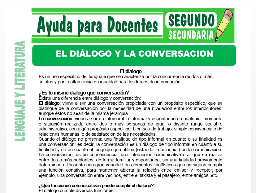 Modelo de la Ficha de El dialogo y la Conversación para Segundo de Secundaria