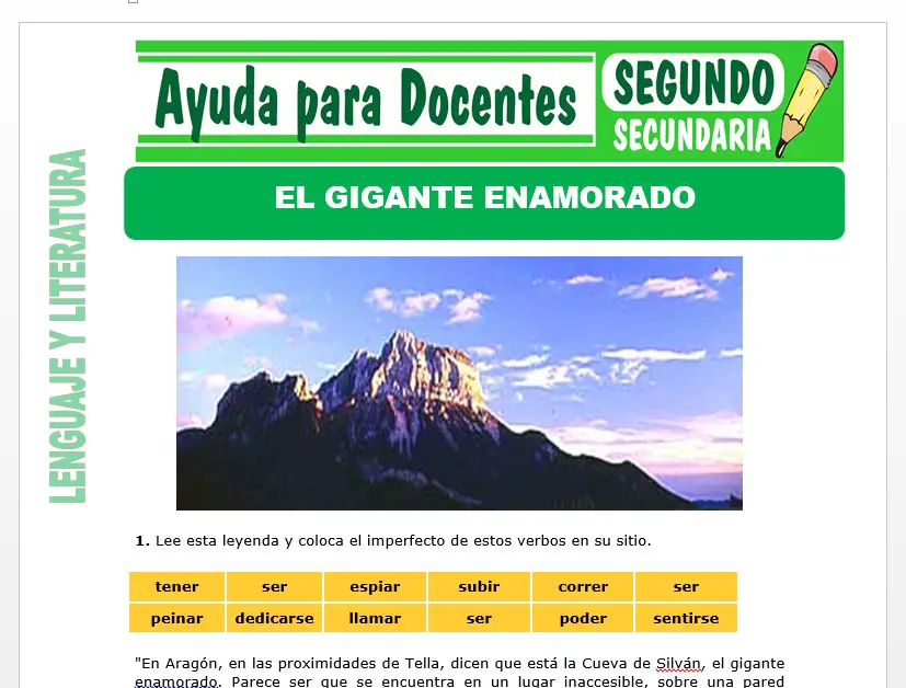 Modelo de la Ficha de El Gigante Enamorado para Segundo de Secundaria