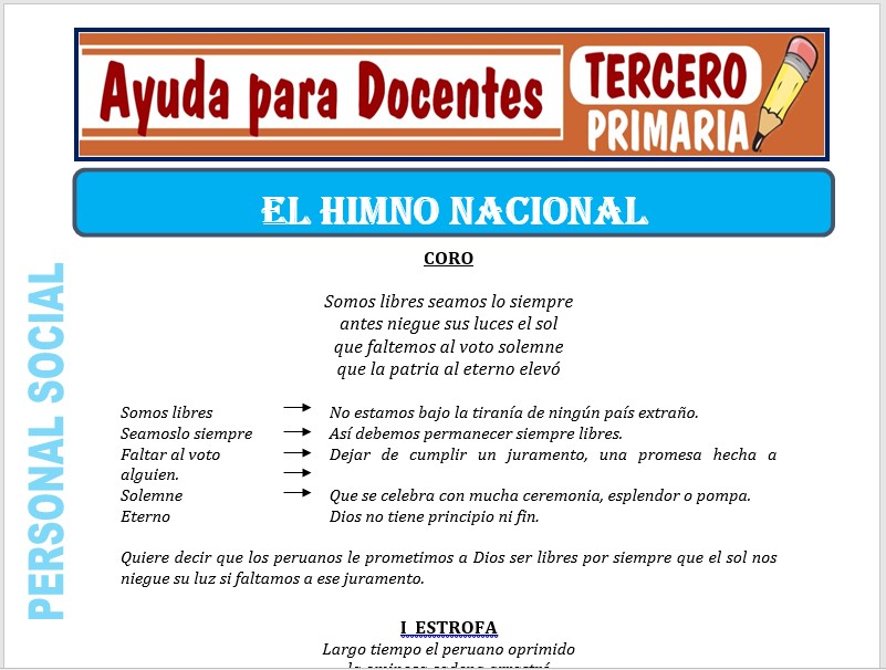 Modelo de la Ficha de El Himno Nacional para Tercero de Primaria Modelo de la Ficha de El Himno Nacional para Tercero de Primaria