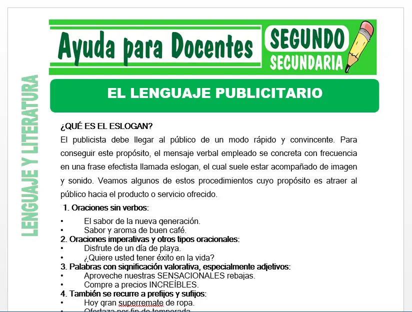 Modelo de la Ficha de El Lenguaje Publicitario para Segundo de Secundaria