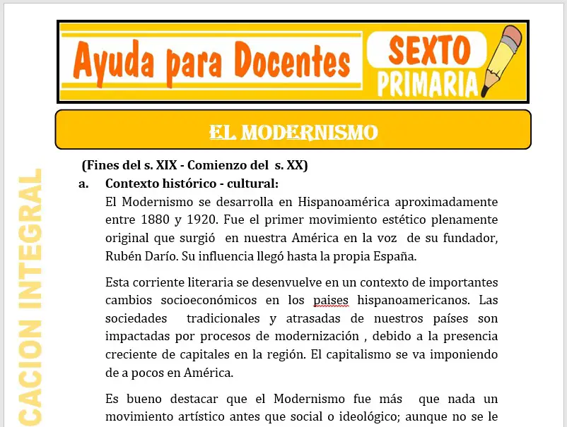 Modelo de la Ficha de Modernismo para Sexto de Primaria