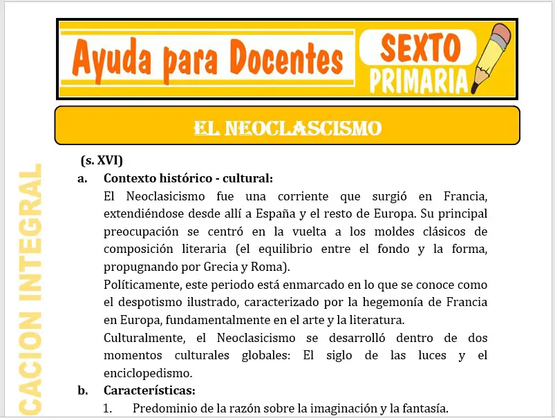 Modelo de la Ficha de El Neoclasicismo para Sexto de Primaria Modelo de la Ficha de El Neoclasicismo para Sexto de Primaria