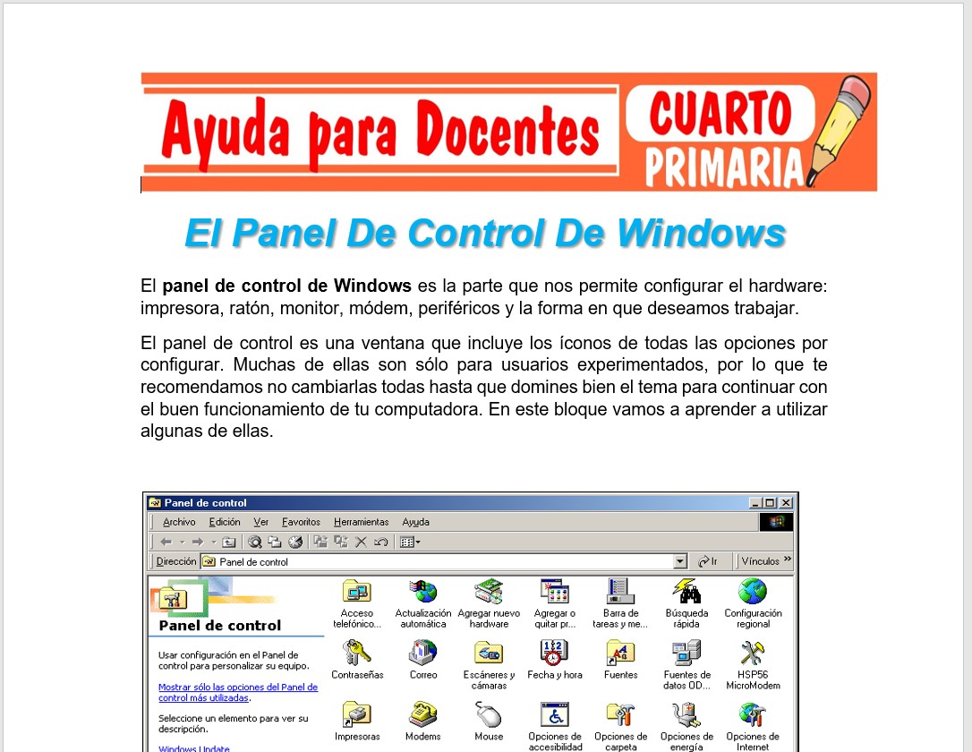Modelo de la Ficha de El Panel De Control De Windows para Cuarto de Primaria