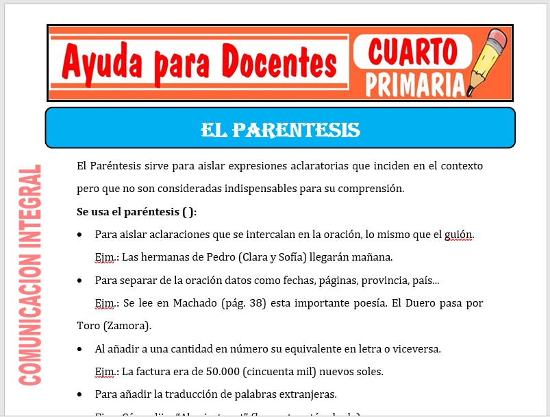 Modelo de la Ficha de El Paréntesis para Cuarto de Primaria Modelo de la Ficha de El Paréntesis para Cuarto de Primaria