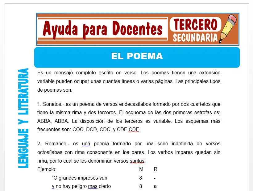 Modelo de la Ficha de El Poema para Tercero de Secundaria