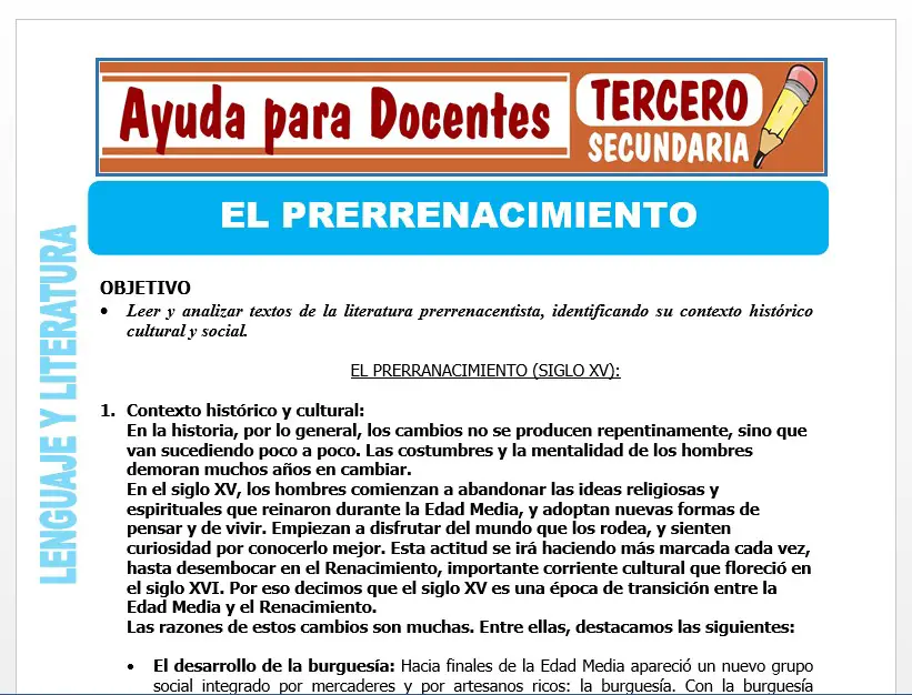 Modelo de la Ficha de El Prerrenacimiento para Tercero de Secundaria