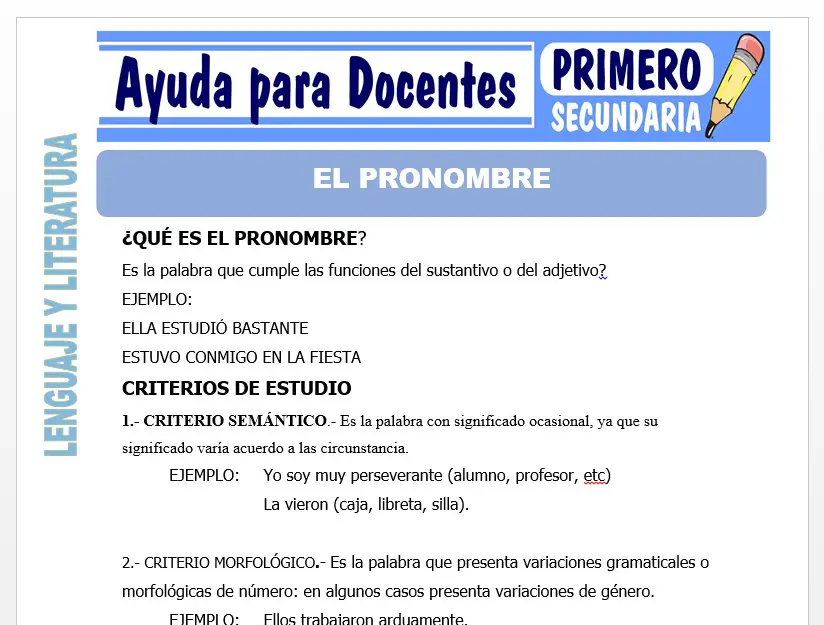 Modelo de la Ficha de El Pronombre para Primero de Secundaria