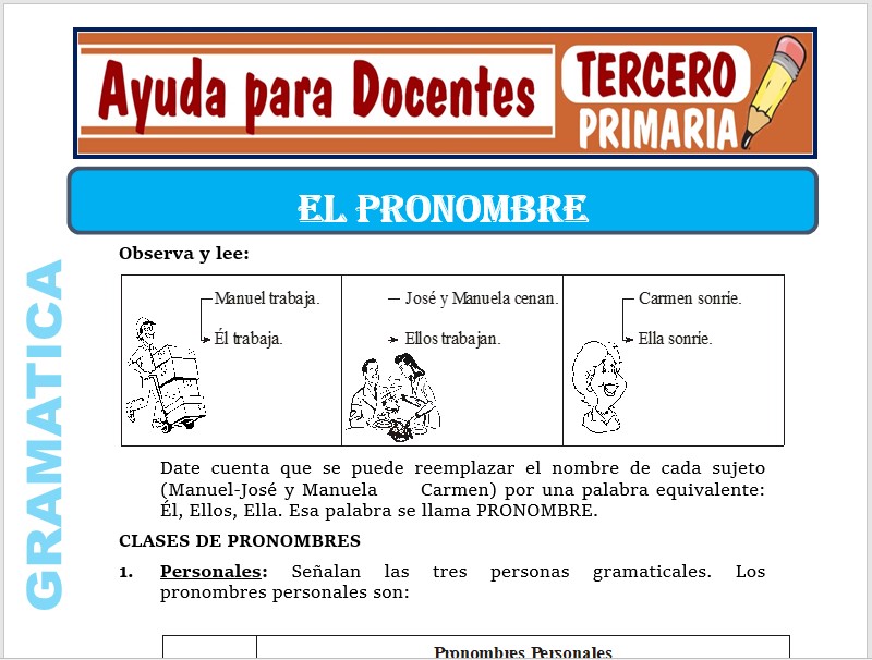 Modelo de la Ficha de El Pronombre para Tercero de Primaria Modelo de la Ficha de El Pronombre para Tercero de Primaria