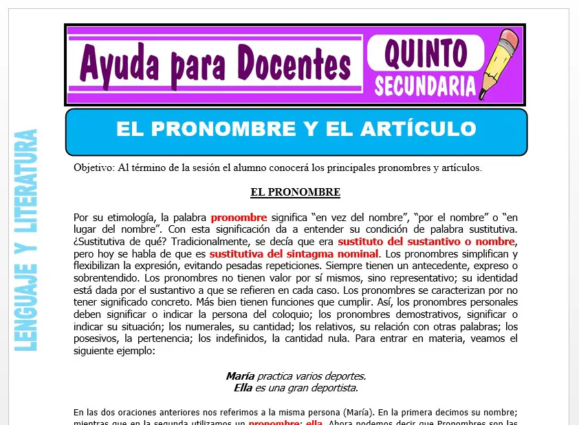 Modelo de la Ficha de El Pronombre y el Artículo para Quinto de Secundaria