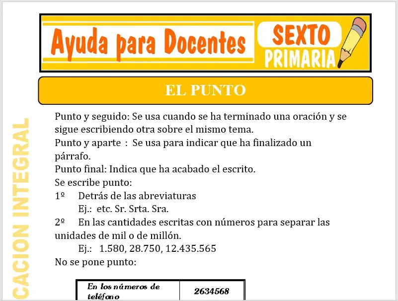 Modelo de la Ficha de El Punto para Sexto de Primaria