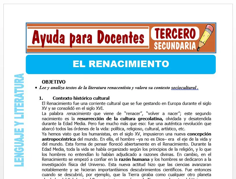 Modelo de la Ficha de El Renacimiento para Tercero de Secundaria