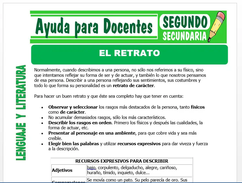 Modelo de la Ficha de El Retrato para Segundo de Secundaria