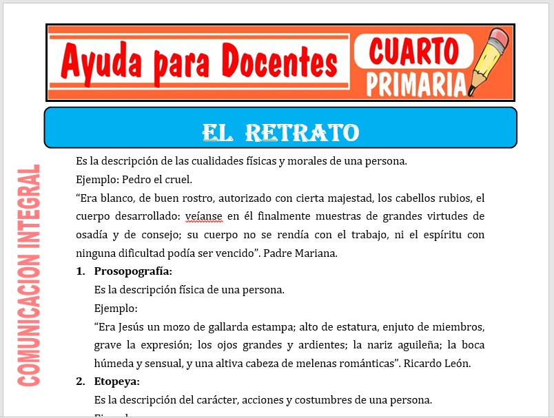 Modelo de la Ficha de El Retrato para Cuarto de Primaria