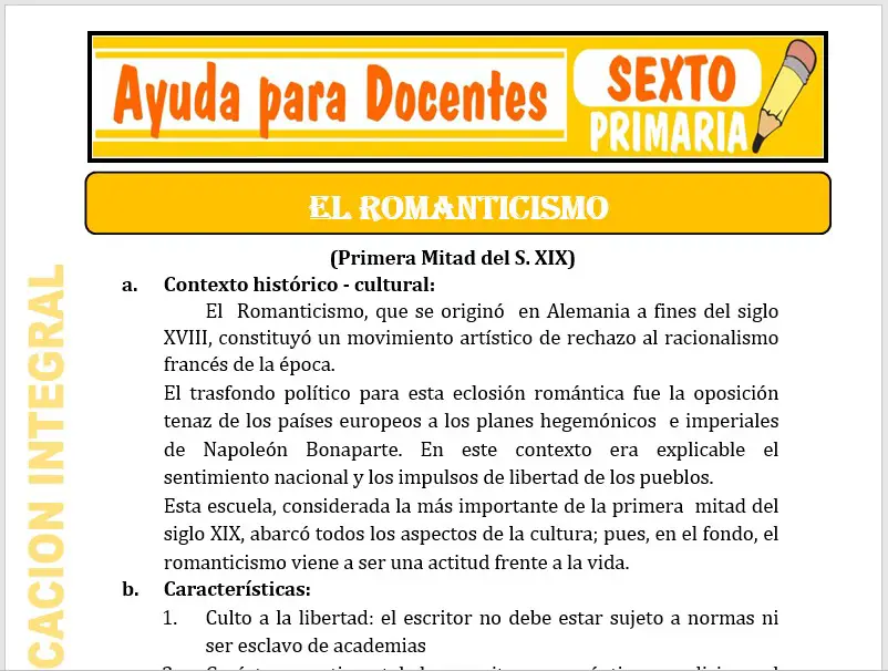Modelo de la Ficha de El romanticismo para Sexto de Primaria Modelo de la Ficha de El romanticismo para Sexto de Primaria