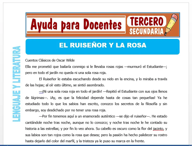 Modelo de la Ficha de El Ruiseñor y la Rosa para Tercero de Secundaria
