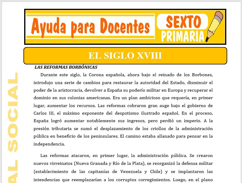 Modelo de la Ficha de El Siglo XVIII para Sexto de Primaria