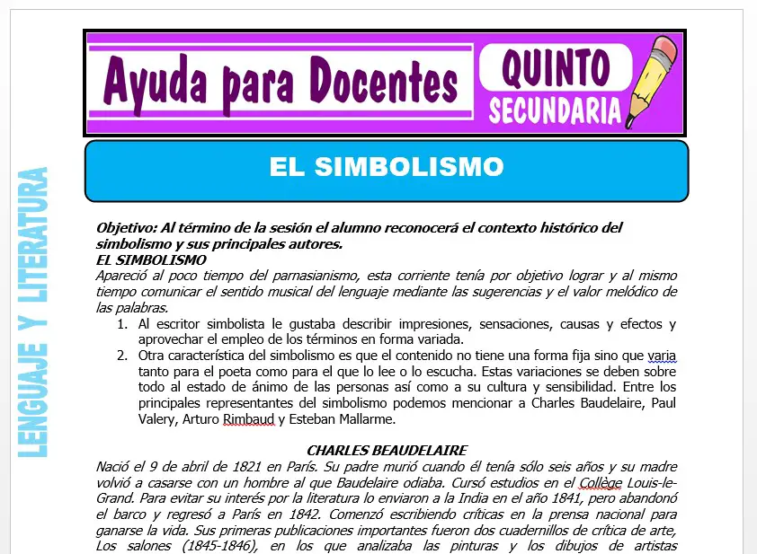 Modelo de la Ficha de El Simbolismo para Quinto de Secundaria
