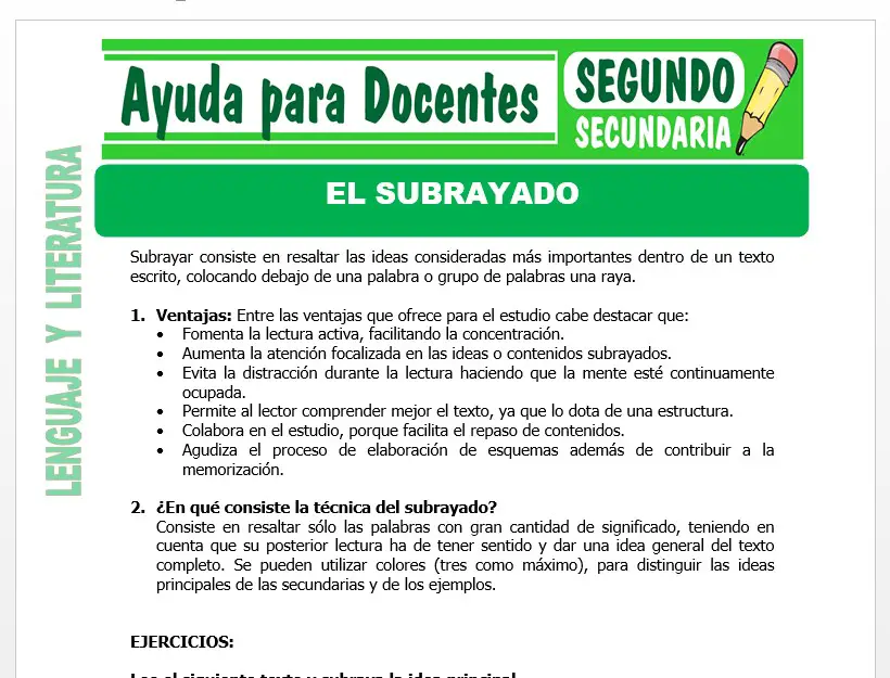 Modelo de la Ficha de El Subrayado para Segundo de Secundaria