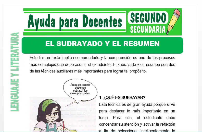 Modelo de la Ficha de El Subrayado y el Resumen para Segundo de Secundaria