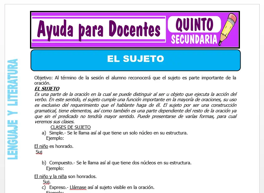 Modelo de la Ficha de El Sujeto para Quinto de Secundaria