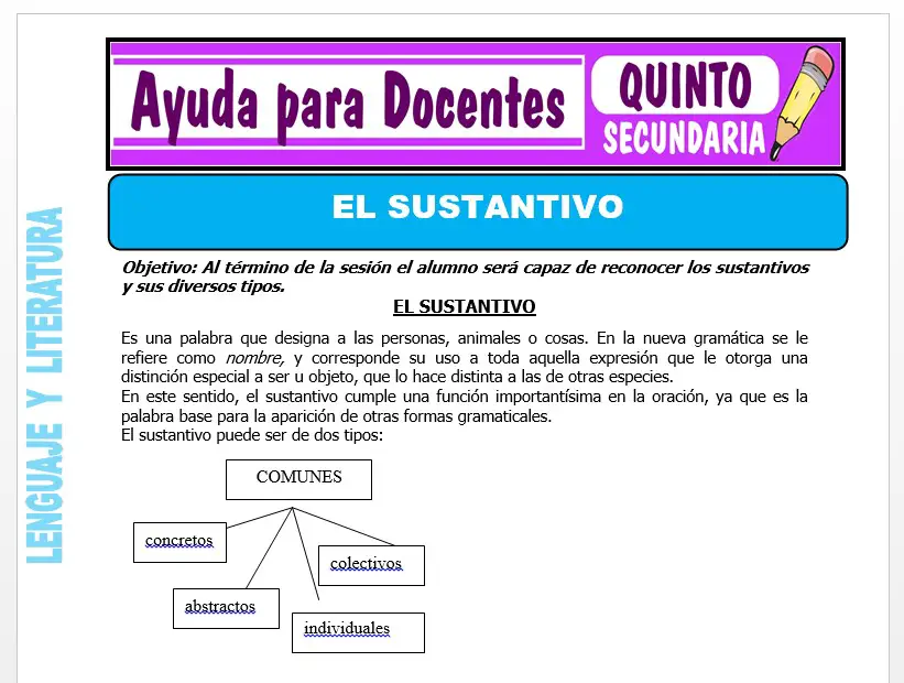 Modelo de la Ficha de El Sustantivo para Quinto de Secundaria
