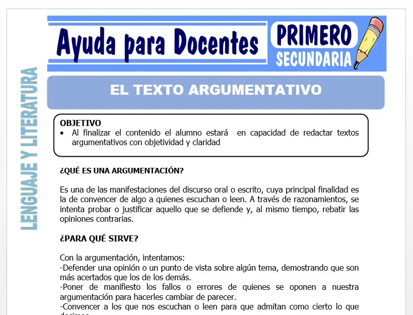 Modelo de la Ficha de El Texto Argumentativo para Primero de Secundaria
