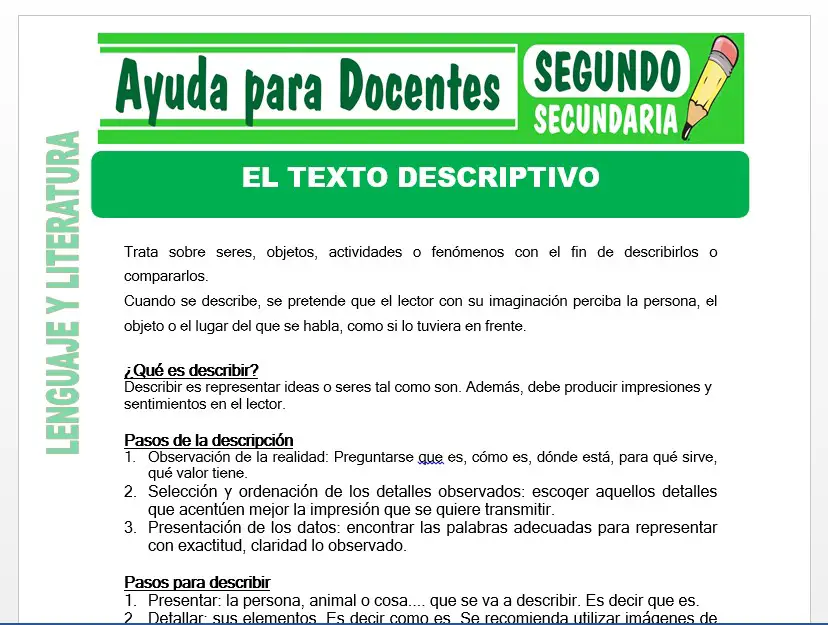 Modelo de la Ficha de El Texto Descriptivo para Segundo de Secundaria