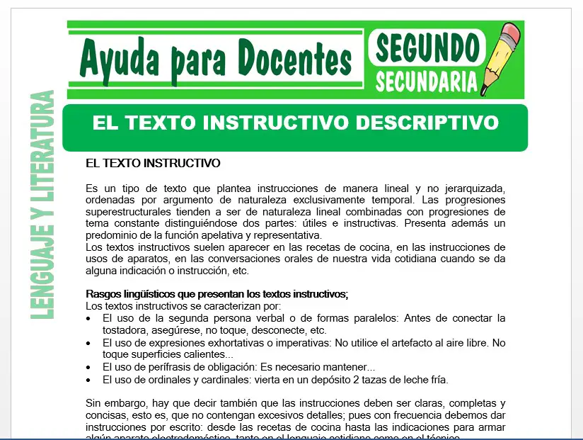 Modelo de la Ficha de El Texto Instructivo y Descriptivo para Segundo de Secundaria