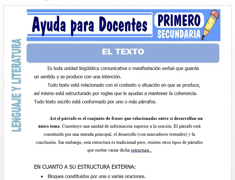 Modelo de la Ficha de El Texto para Primero de Secundaria