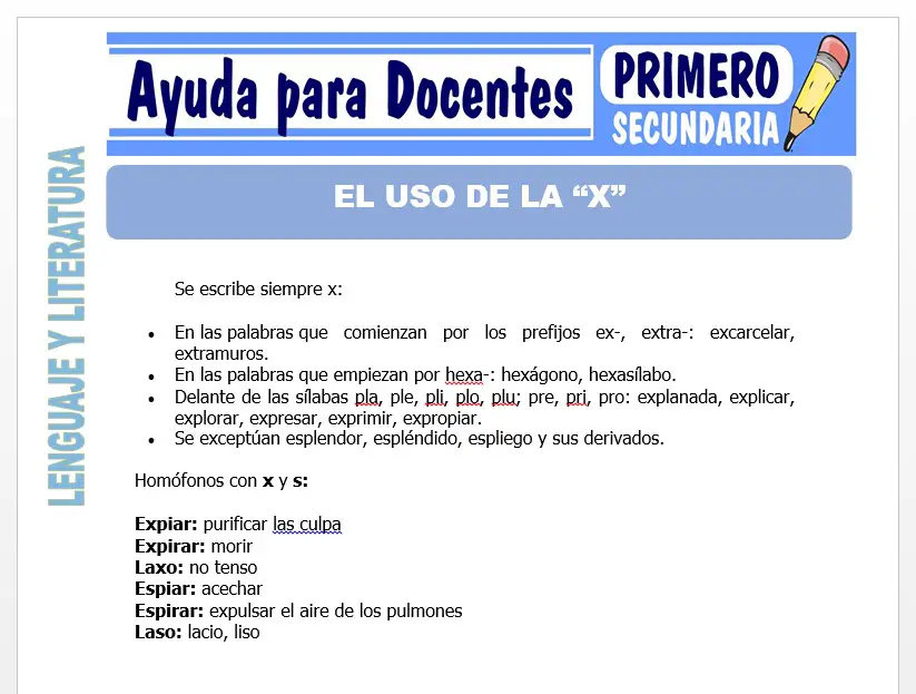 Modelo de la Ficha de El Uso de la X para Primero de Secundaria