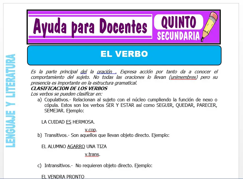 Modelo de la Ficha de El Verbo para Quinto de Secundaria