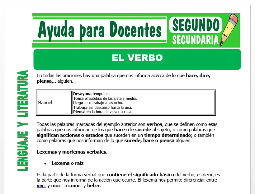 Modelo de la Ficha de El Verbo para Segundo de Secundaria